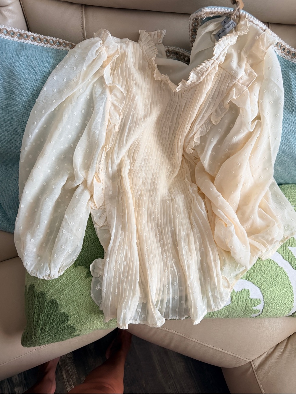Light Cream Swiss Dot Ruffle Blouse with Puff Sleeves